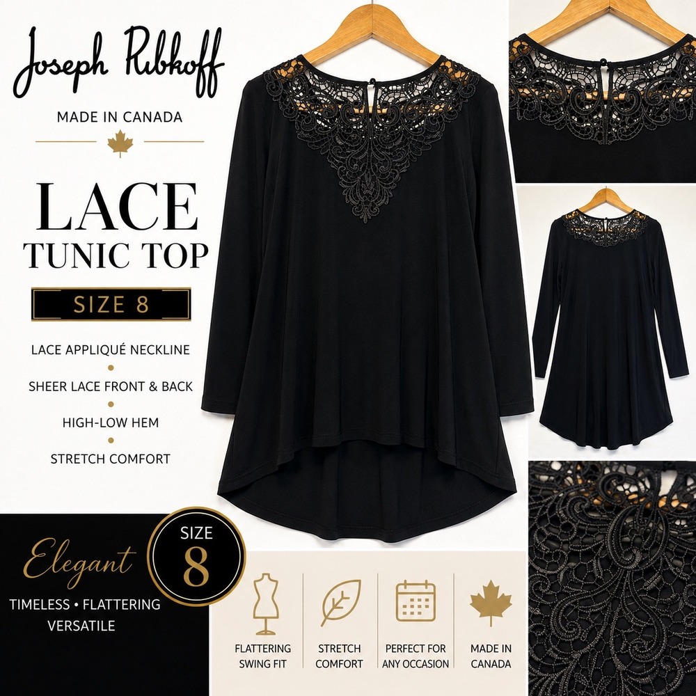 Joseph Ribkoff Black Lace Applique‎ Tunic Top Size 8 Hi Low Hem Stretch EUC
